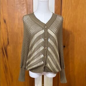 Miss Shop Olive Open Knit Cardigan Buttons Striped Metallic